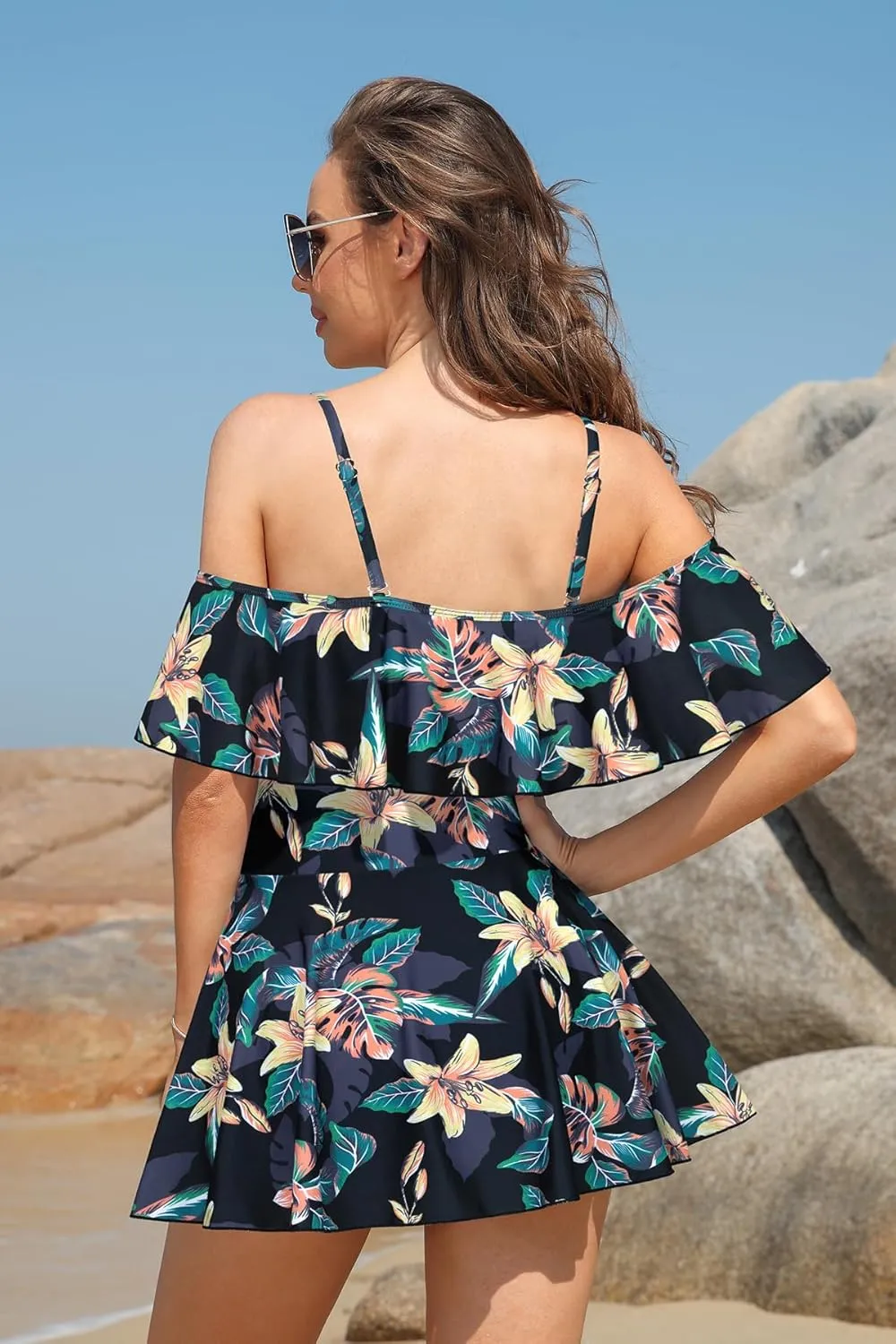 SHEKINI Women's Off-Shoulder Ruffled Flounce Swim Skirt Ruched One Piece Swimdress