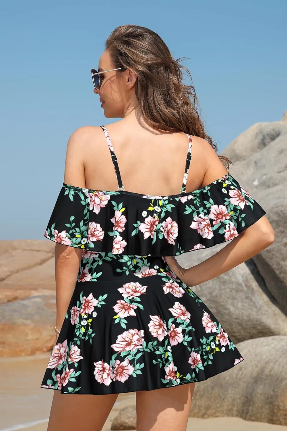 SHEKINI Women's Off-Shoulder Ruffled Flounce Swim Skirt Ruched One Piece Swimdress