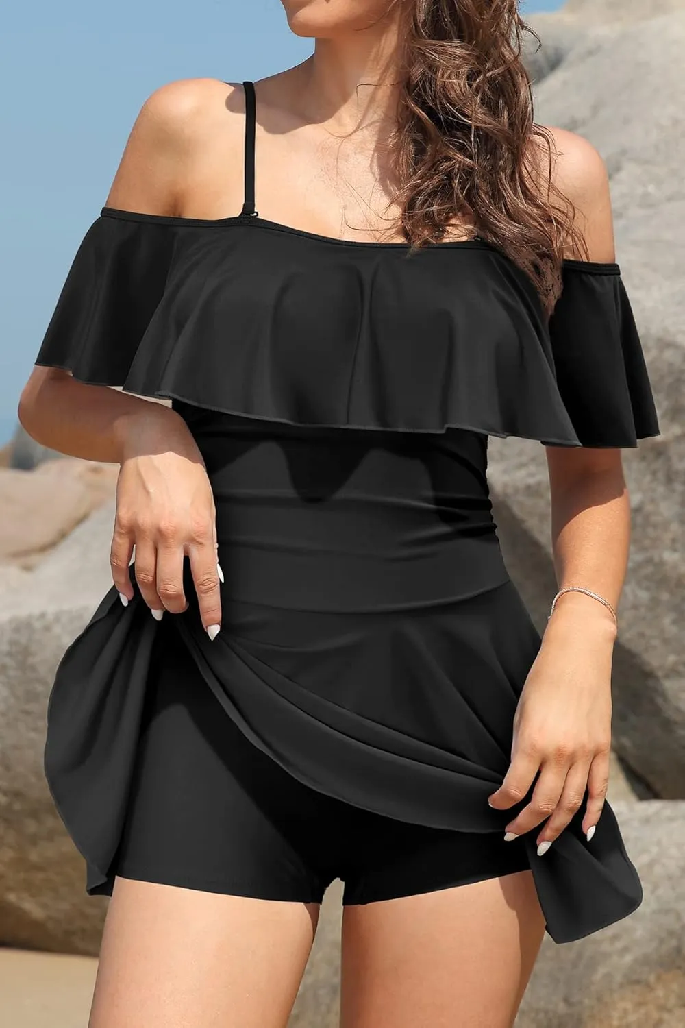 SHEKINI Women's Off-Shoulder Ruffled Flounce Swim Skirt Ruched One Piece Swimdress