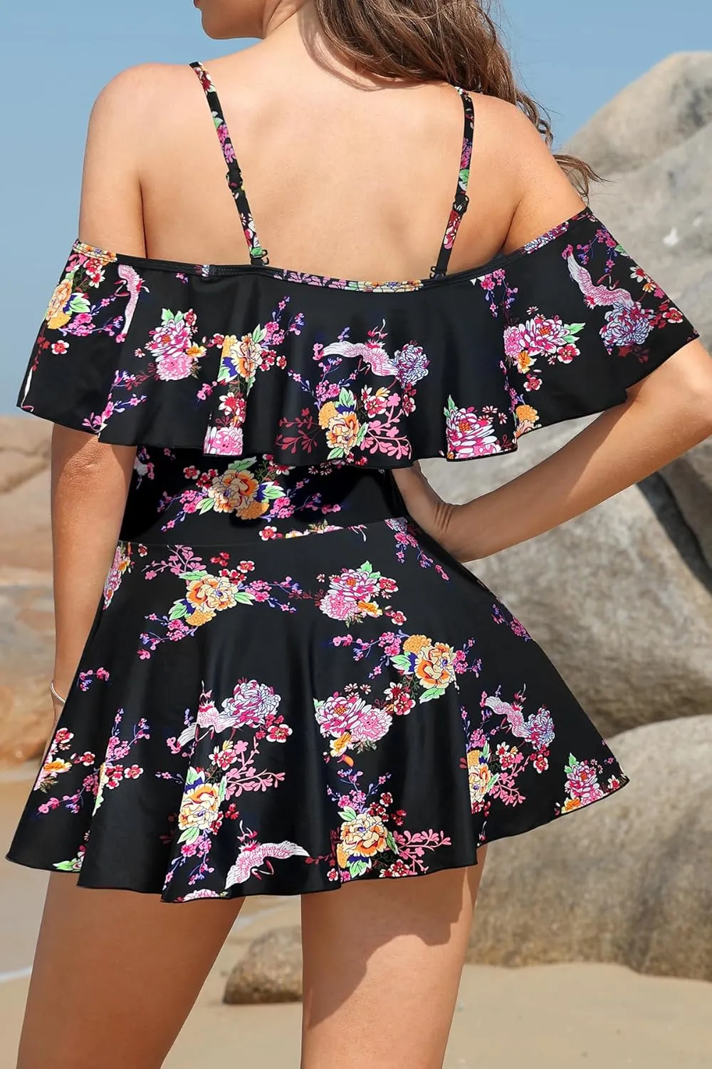 SHEKINI Women's Off-Shoulder Ruffled Flounce Swim Skirt Ruched One Piece Swimdress
