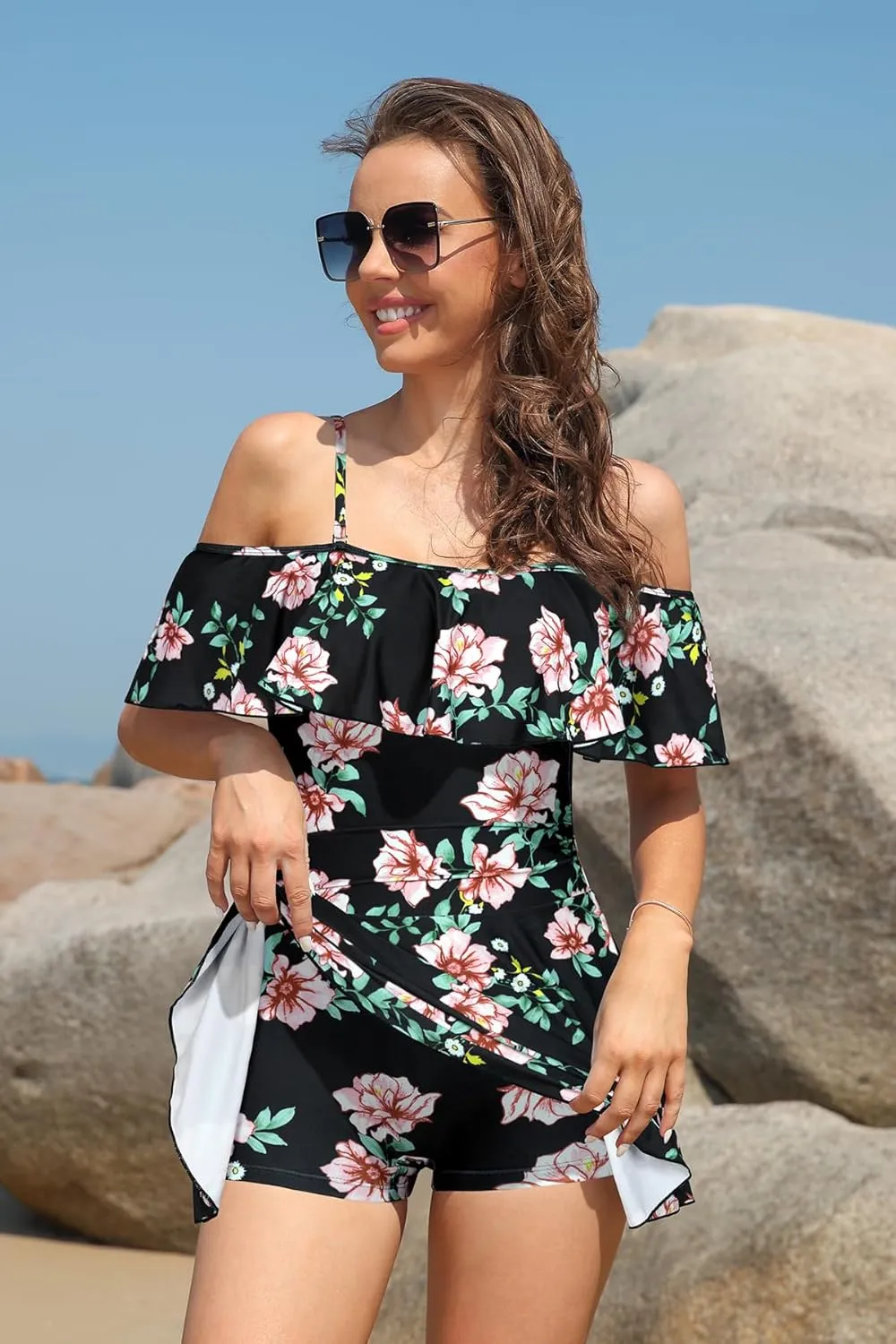 SHEKINI Women's Off-Shoulder Ruffled Flounce Swim Skirt Ruched One Piece Swimdress