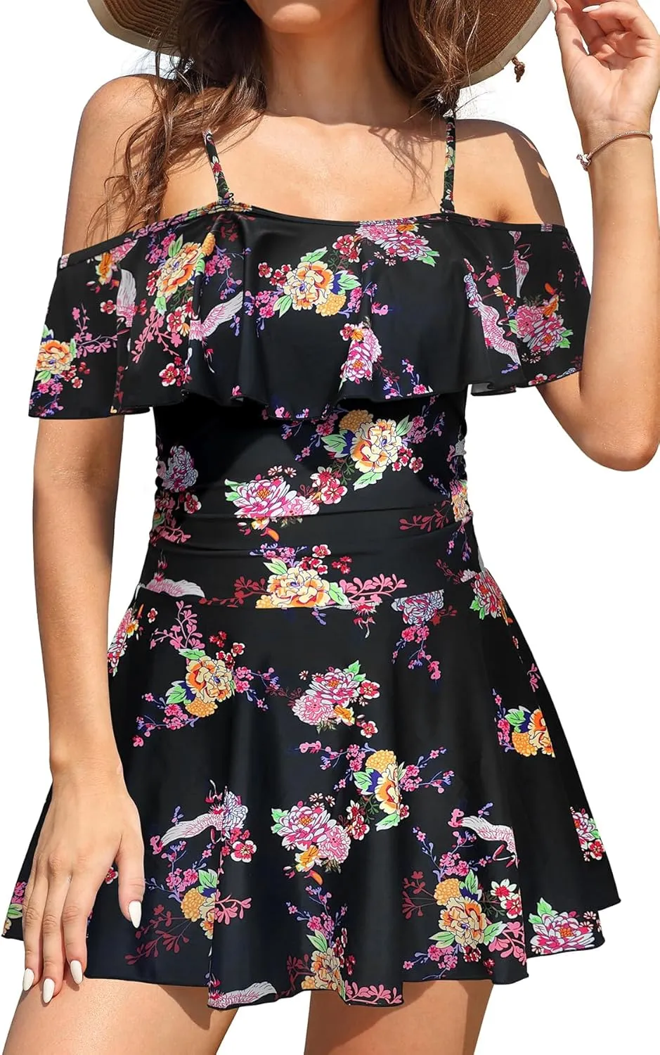 SHEKINI Women's Off-Shoulder Ruffled Flounce Swim Skirt Ruched One Piece Swimdress