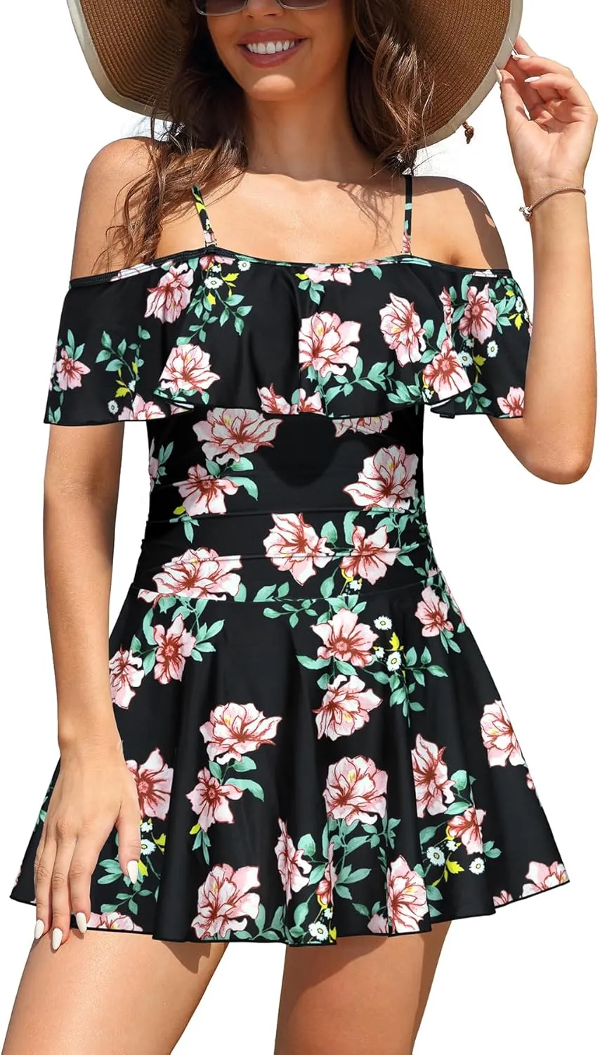 SHEKINI Women's Off-Shoulder Ruffled Flounce Swim Skirt Ruched One Piece Swimdress