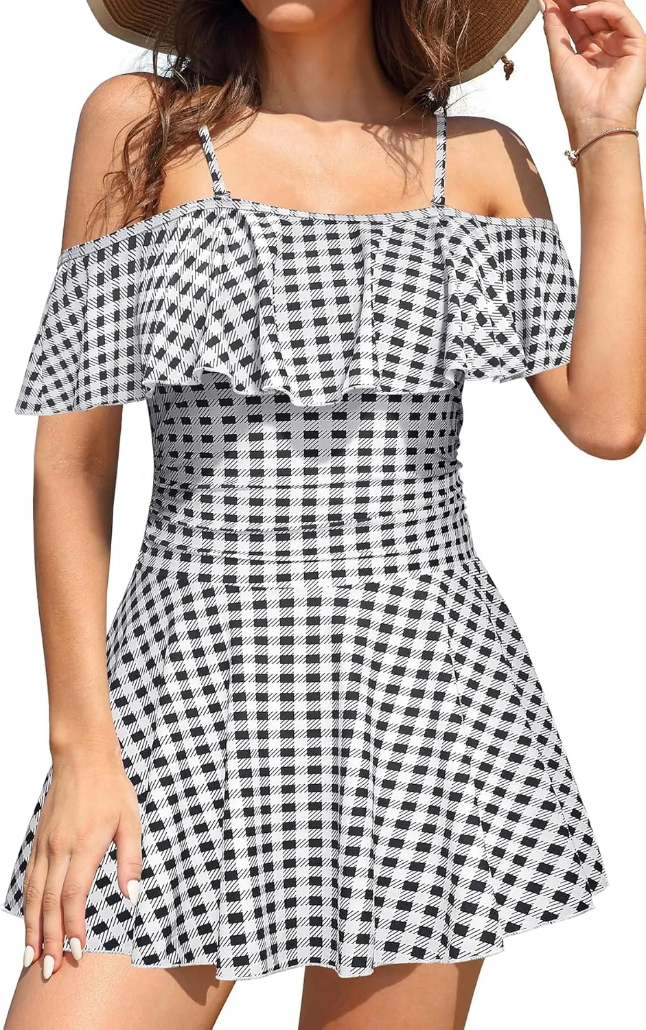 SHEKINI Women's Off-Shoulder Ruffled Flounce Swim Skirt Ruched One Piece Swimdress