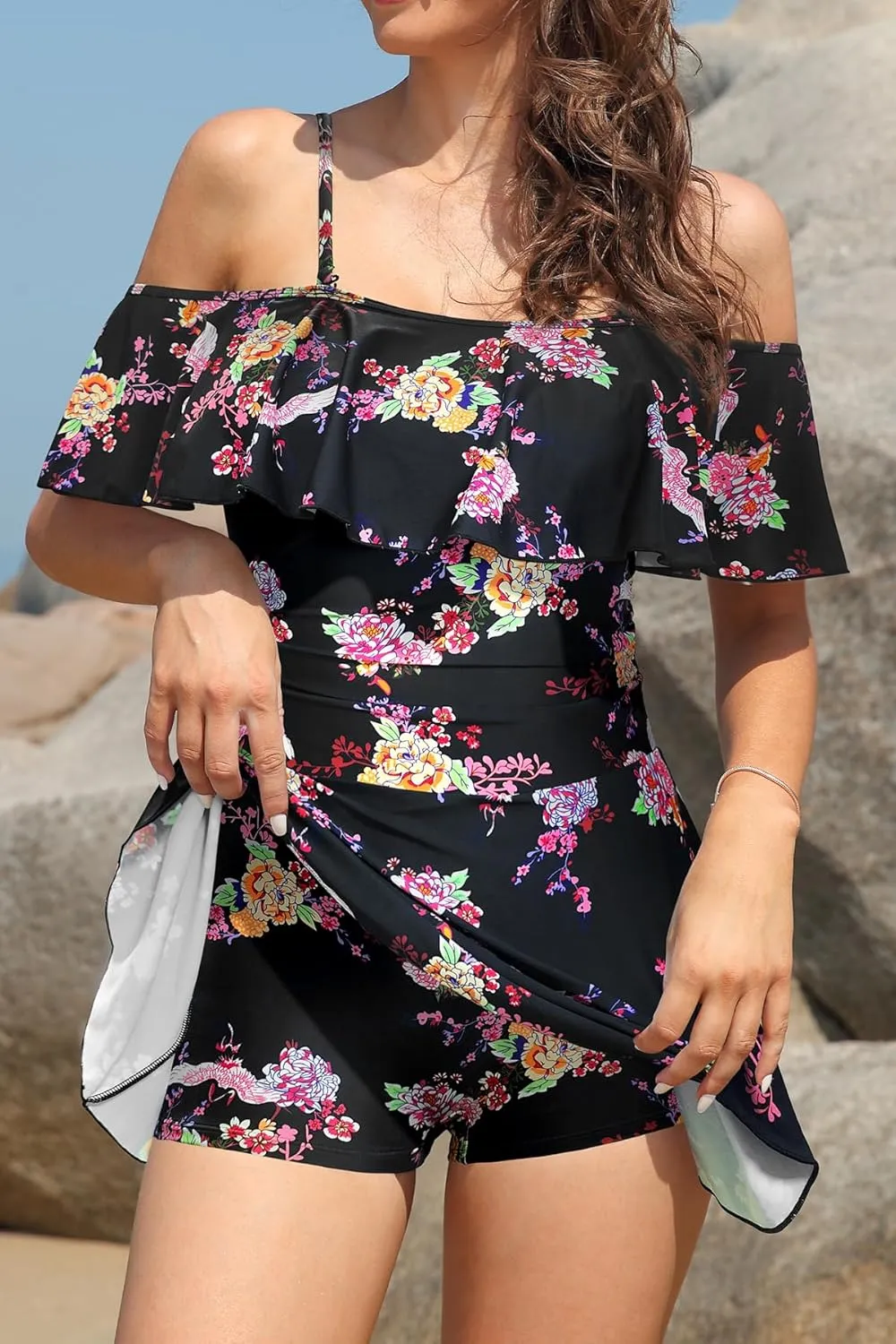 SHEKINI Women's Off-Shoulder Ruffled Flounce Swim Skirt Ruched One Piece Swimdress