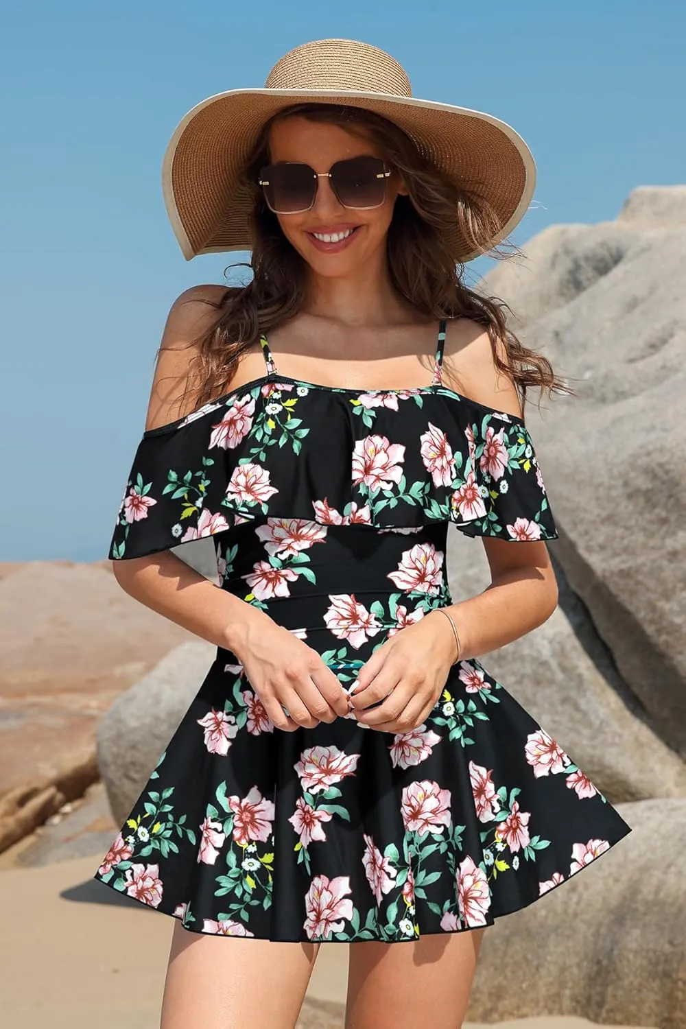 SHEKINI Women's Off-Shoulder Ruffled Flounce Swim Skirt Ruched One Piece Swimdress
