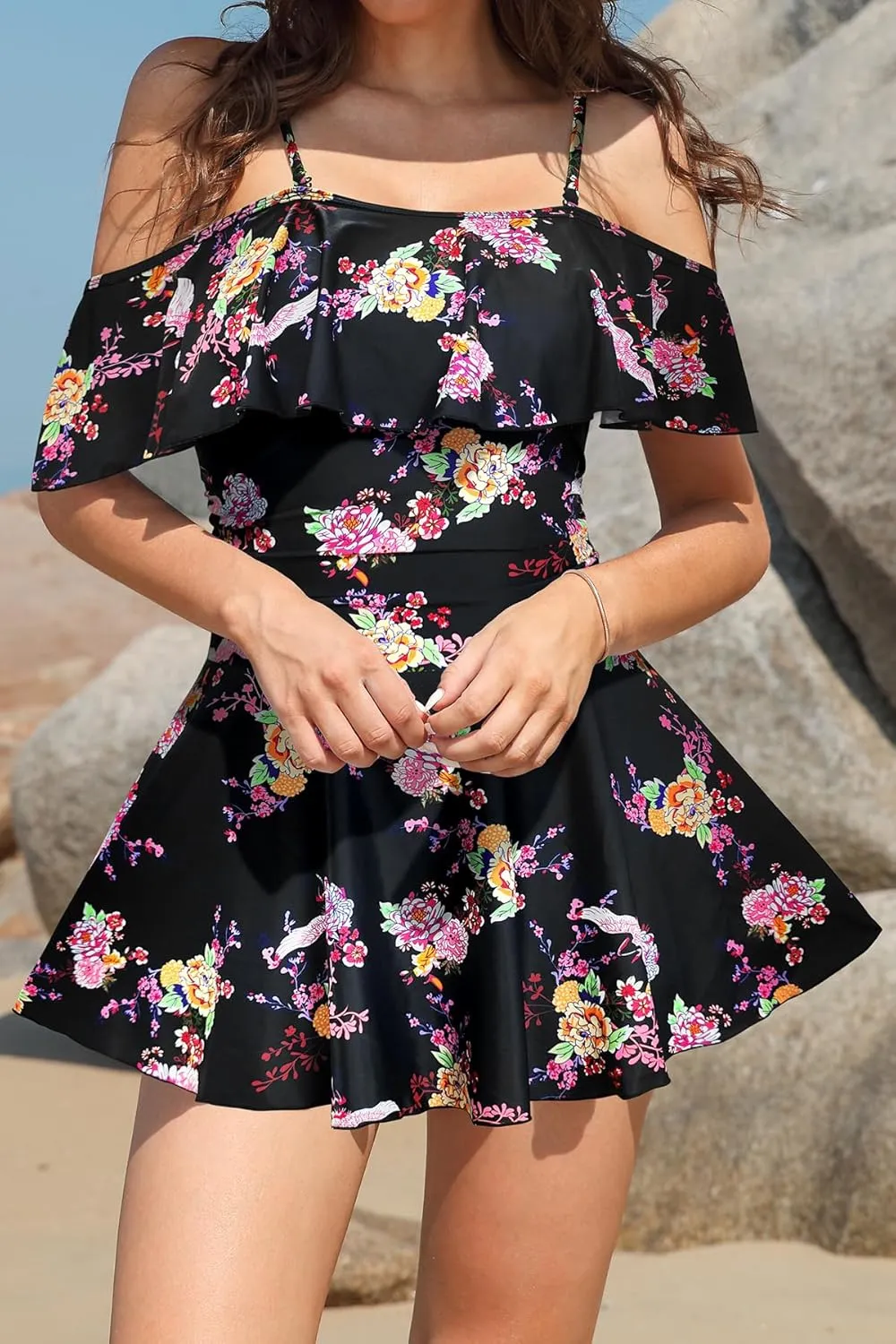 SHEKINI Women's Off-Shoulder Ruffled Flounce Swim Skirt Ruched One Piece Swimdress