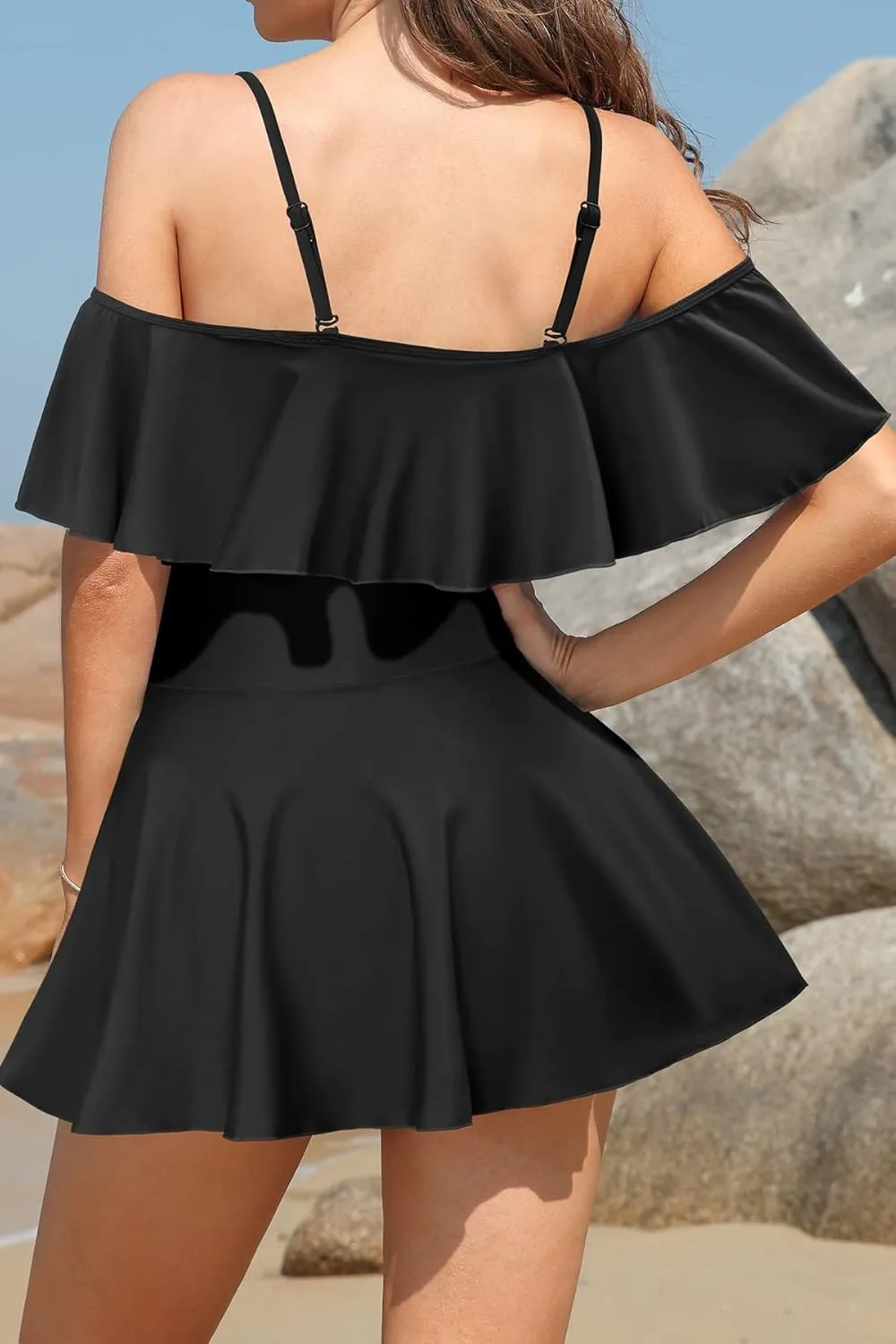 SHEKINI Women's Off-Shoulder Ruffled Flounce Swim Skirt Ruched One Piece Swimdress