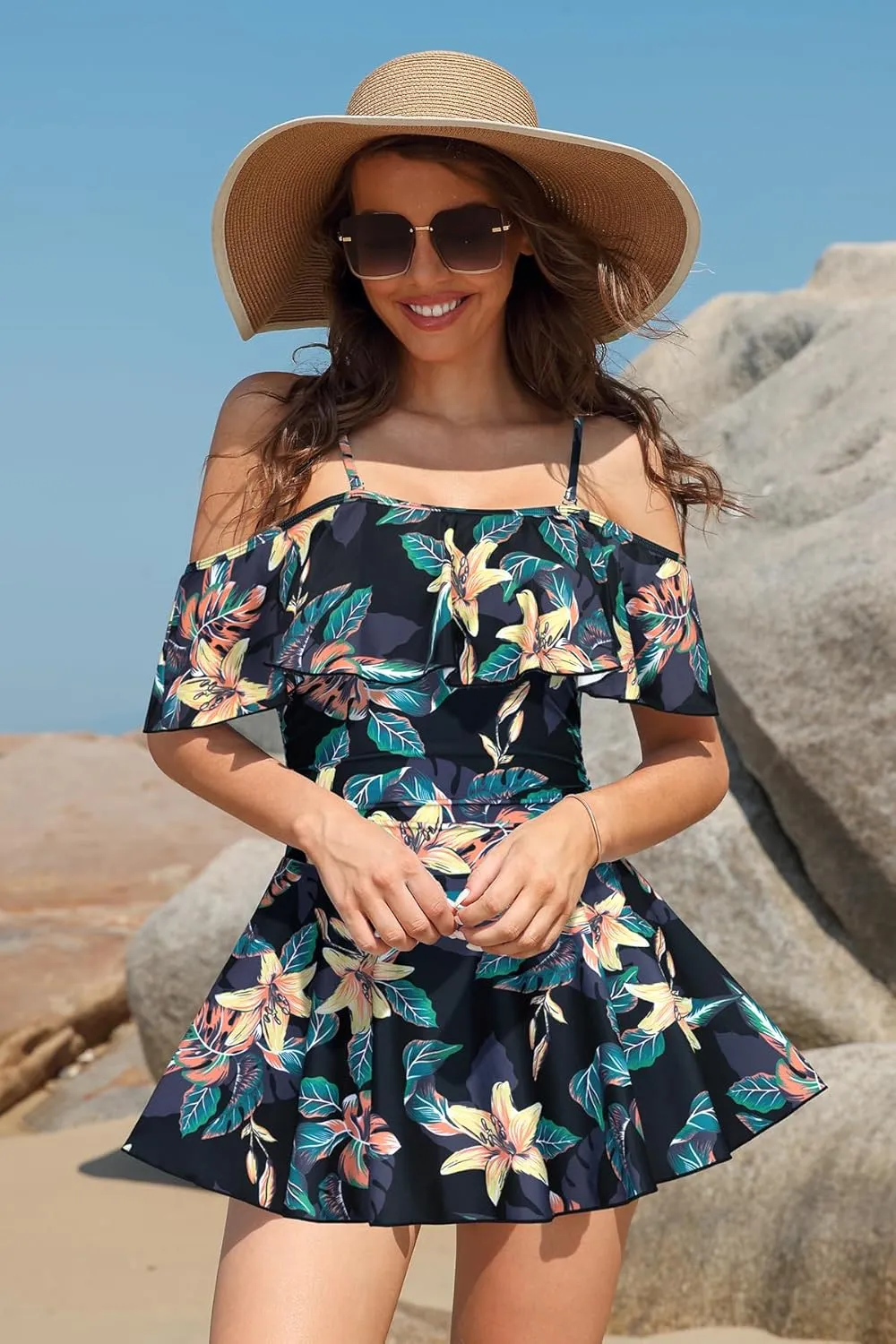 SHEKINI Women's Off-Shoulder Ruffled Flounce Swim Skirt Ruched One Piece Swimdress
