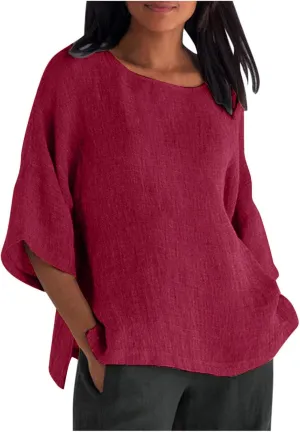 Shirts for Women Trendy Crew Neck 3/4 Sleeve Tops Casual Solid Loose Fitted Boho Shirts Beach Hawaiian Blouses Tops