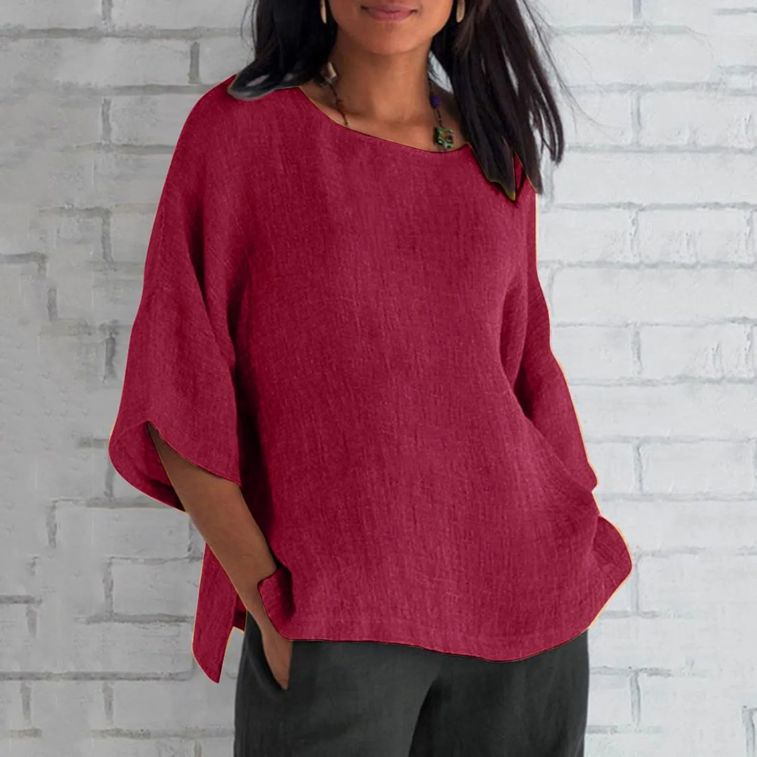 Shirts for Women Trendy Crew Neck 3/4 Sleeve Tops Casual Solid Loose Fitted Boho Shirts Beach Hawaiian Blouses Tops