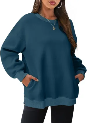 SHOPESSA Oversized Sweatshirt for Women Fall Outfits Crewneck Pullover with Pockets Sweatshirt with Slit Sides
