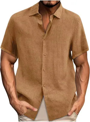 Short Sleeve Button Down Shirt for Men Casual Collared Linen Shirts Vacation Beach Outfits Textured Shirts