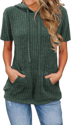 Short Sleeve Hoodies for Women Pullover Oversized Sweatshirts Trendy Casual Shirts Tunic Tops with Kangaroo Pocket
