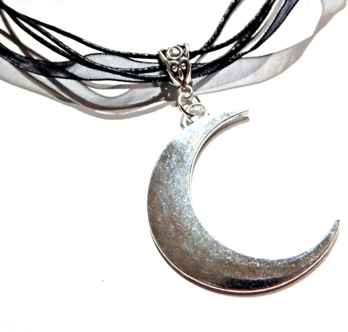 Silver-tone Crescent Moon Pendant on Black Organza Ribbon Choker Gothic Necklace