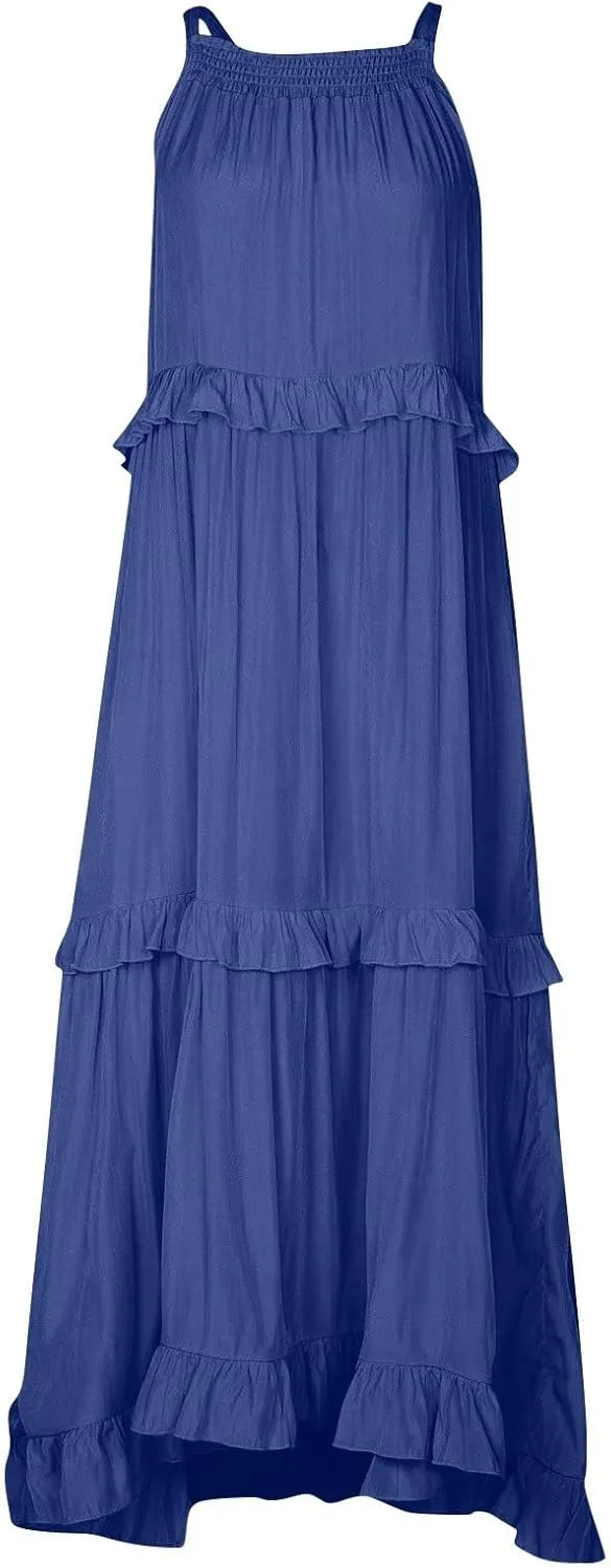 Smocked Dress Women Summer Sleeveless Tank Dresses Halter Tie Back Flowy Ruffle Tiered Maxi Dress with Pockets
