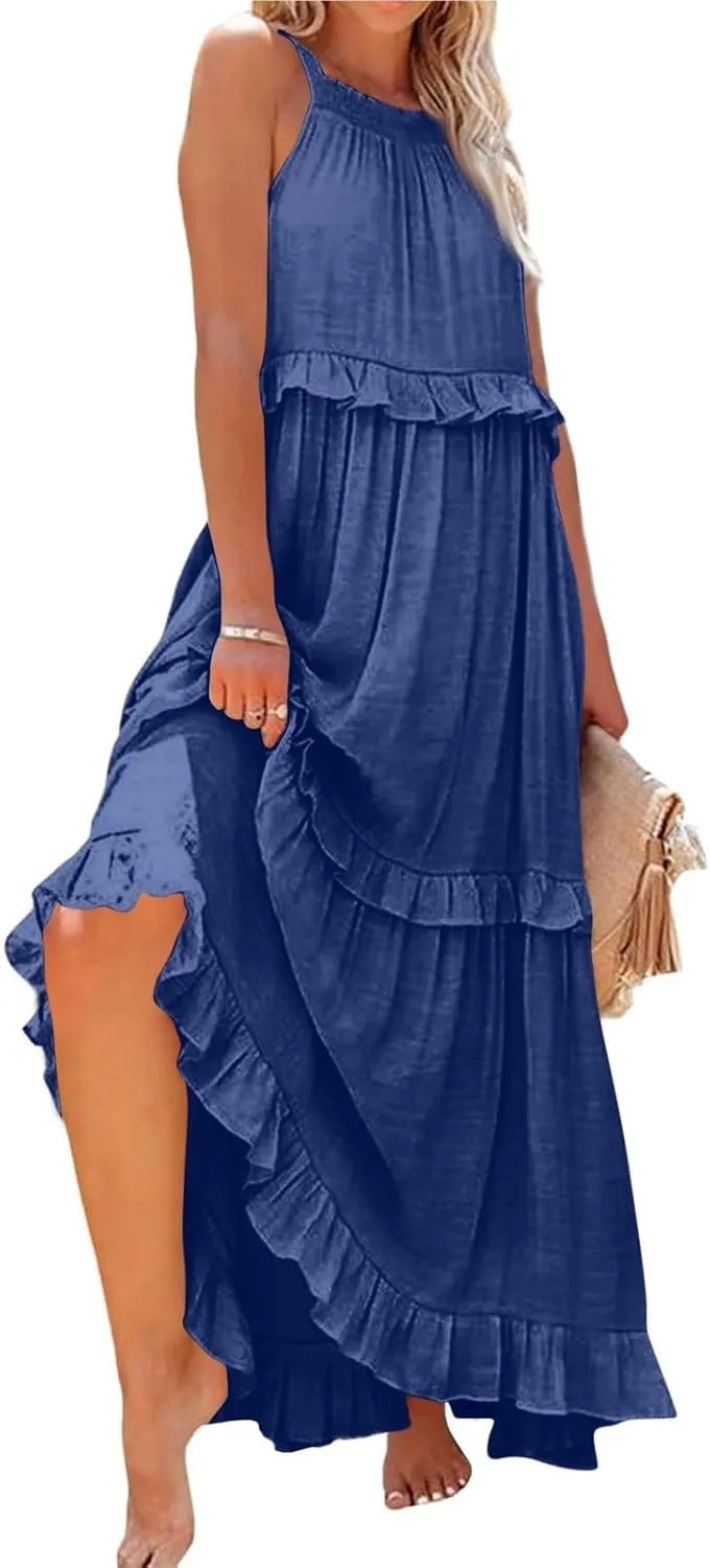 Smocked Dress Women Summer Sleeveless Tank Dresses Halter Tie Back Flowy Ruffle Tiered Maxi Dress with Pockets
