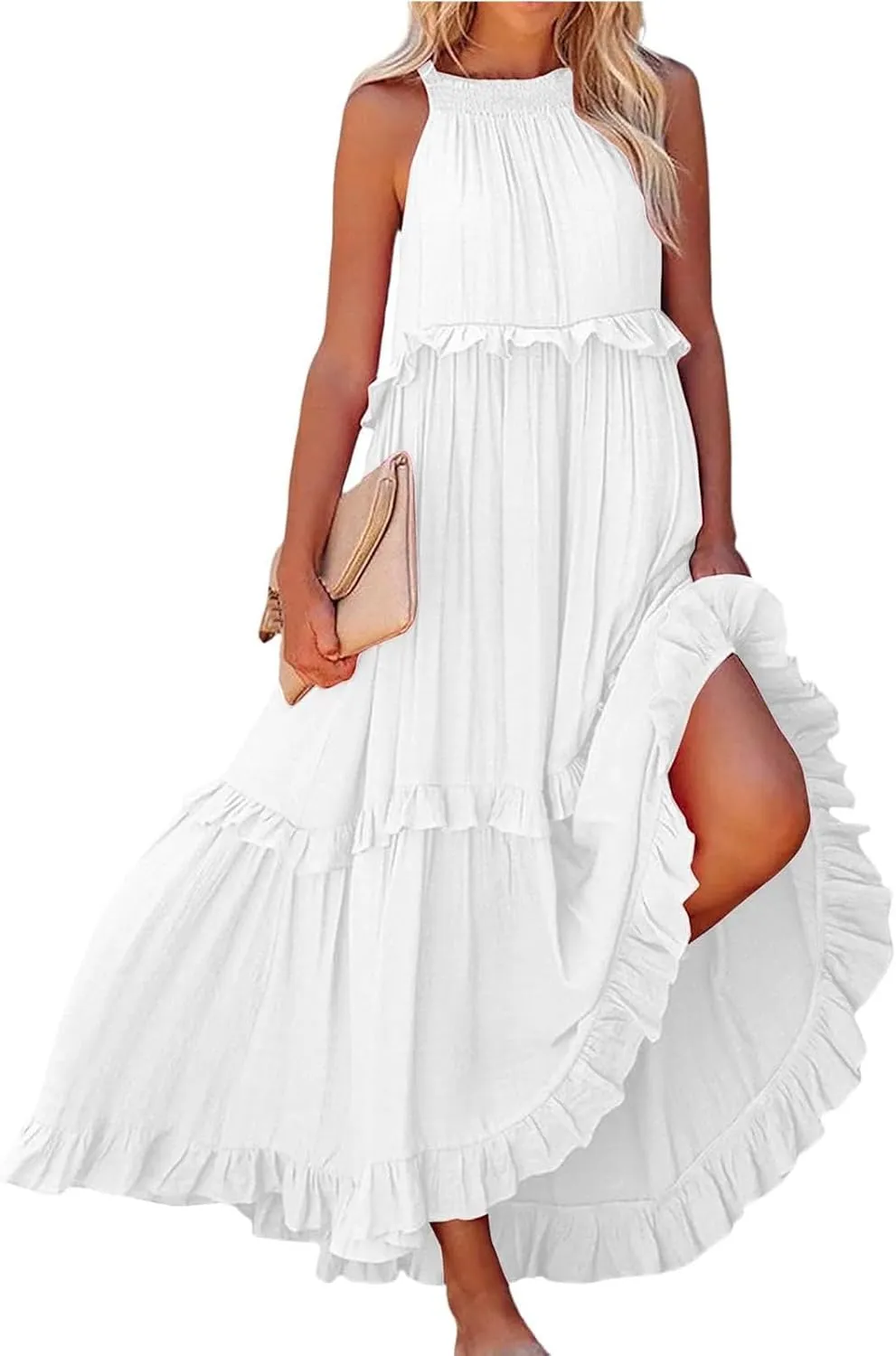 Smocked Dress Women Summer Sleeveless Tank Dresses Halter Tie Back Flowy Ruffle Tiered Maxi Dress with Pockets