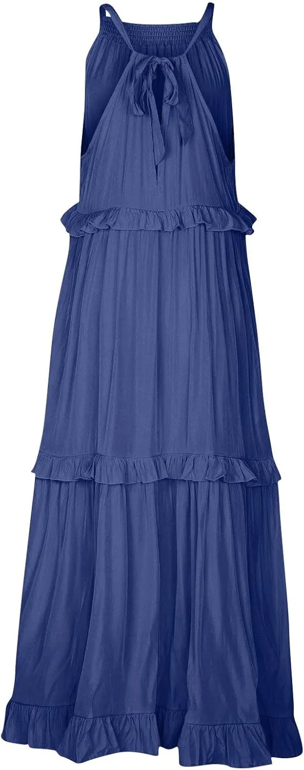 Smocked Dress Women Summer Sleeveless Tank Dresses Halter Tie Back Flowy Ruffle Tiered Maxi Dress with Pockets