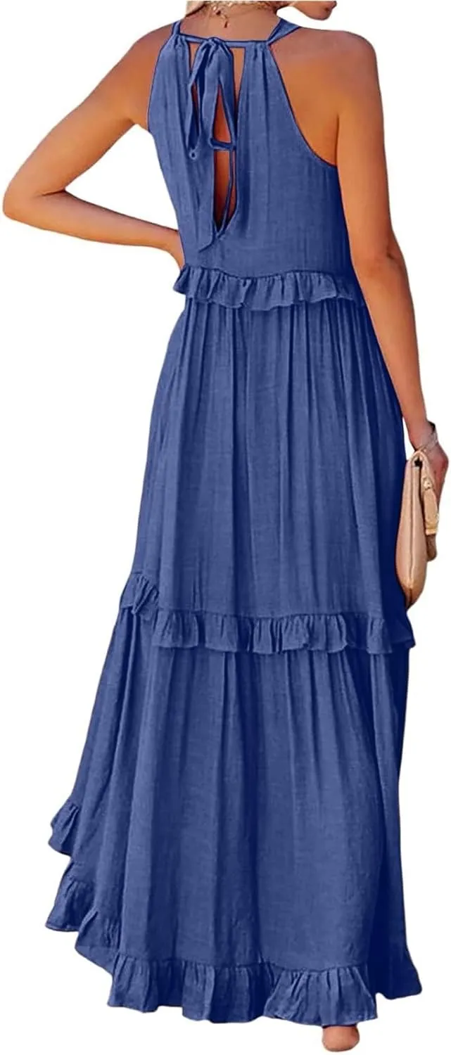 Smocked Dress Women Summer Sleeveless Tank Dresses Halter Tie Back Flowy Ruffle Tiered Maxi Dress with Pockets