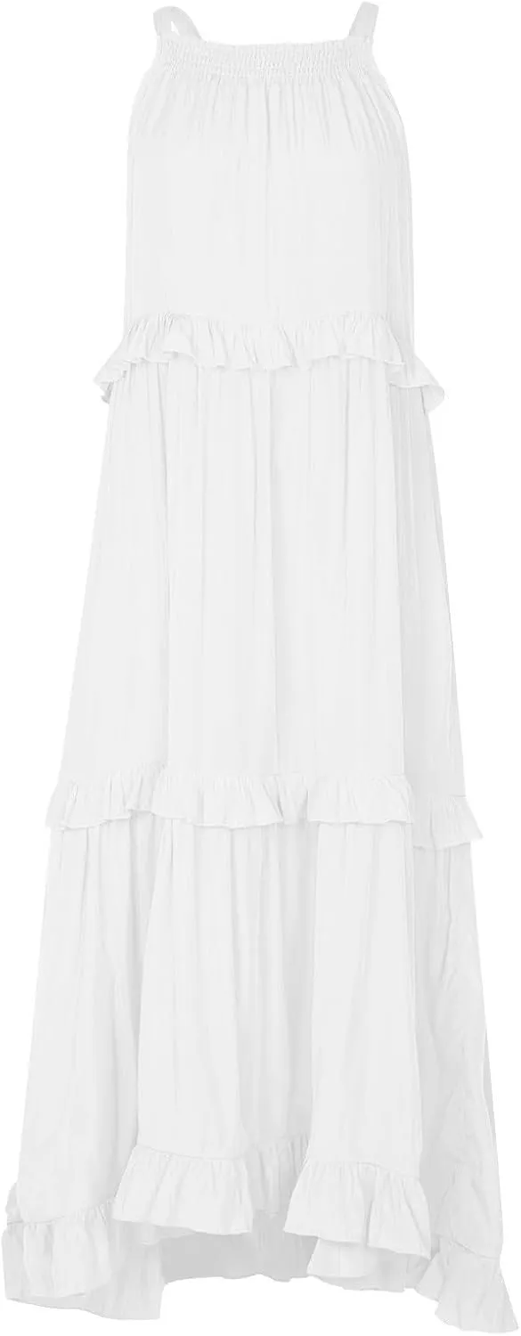 Smocked Dress Women Summer Sleeveless Tank Dresses Halter Tie Back Flowy Ruffle Tiered Maxi Dress with Pockets