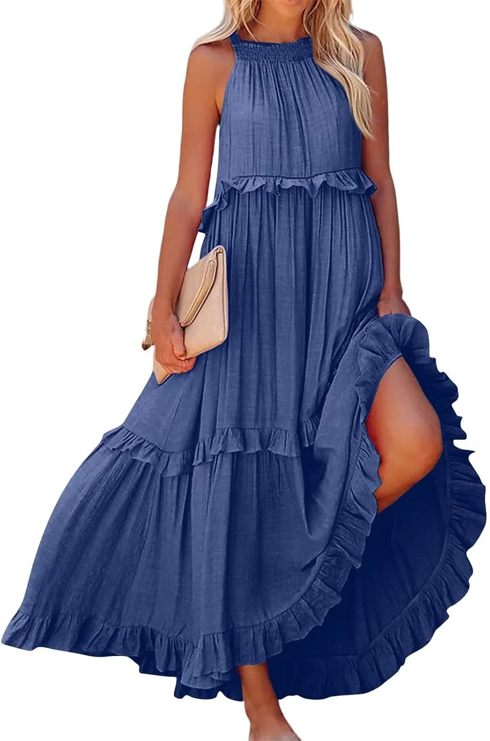 Smocked Dress Women Summer Sleeveless Tank Dresses Halter Tie Back Flowy Ruffle Tiered Maxi Dress with Pockets