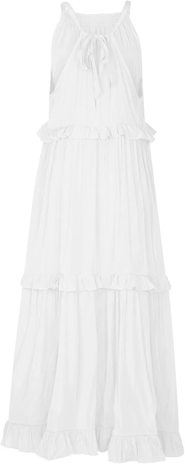 Smocked Dress Women Summer Sleeveless Tank Dresses Halter Tie Back Flowy Ruffle Tiered Maxi Dress with Pockets