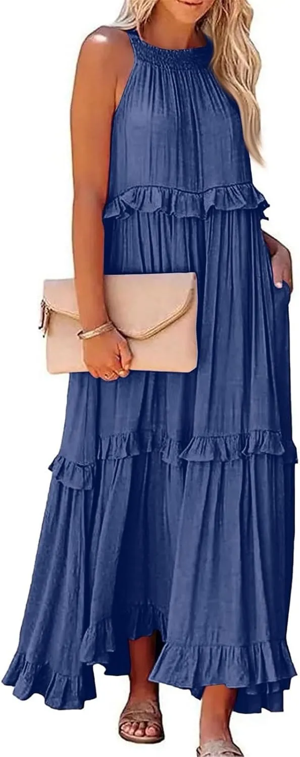 Smocked Dress Women Summer Sleeveless Tank Dresses Halter Tie Back Flowy Ruffle Tiered Maxi Dress with Pockets