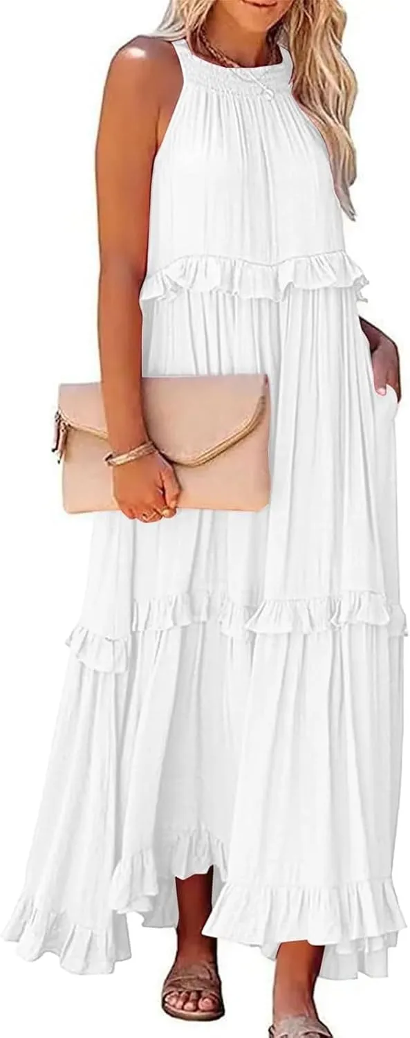 Smocked Dress Women Summer Sleeveless Tank Dresses Halter Tie Back Flowy Ruffle Tiered Maxi Dress with Pockets