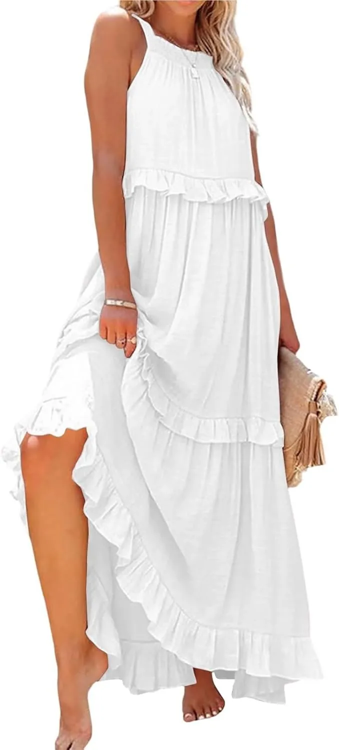 Smocked Dress Women Summer Sleeveless Tank Dresses Halter Tie Back Flowy Ruffle Tiered Maxi Dress with Pockets