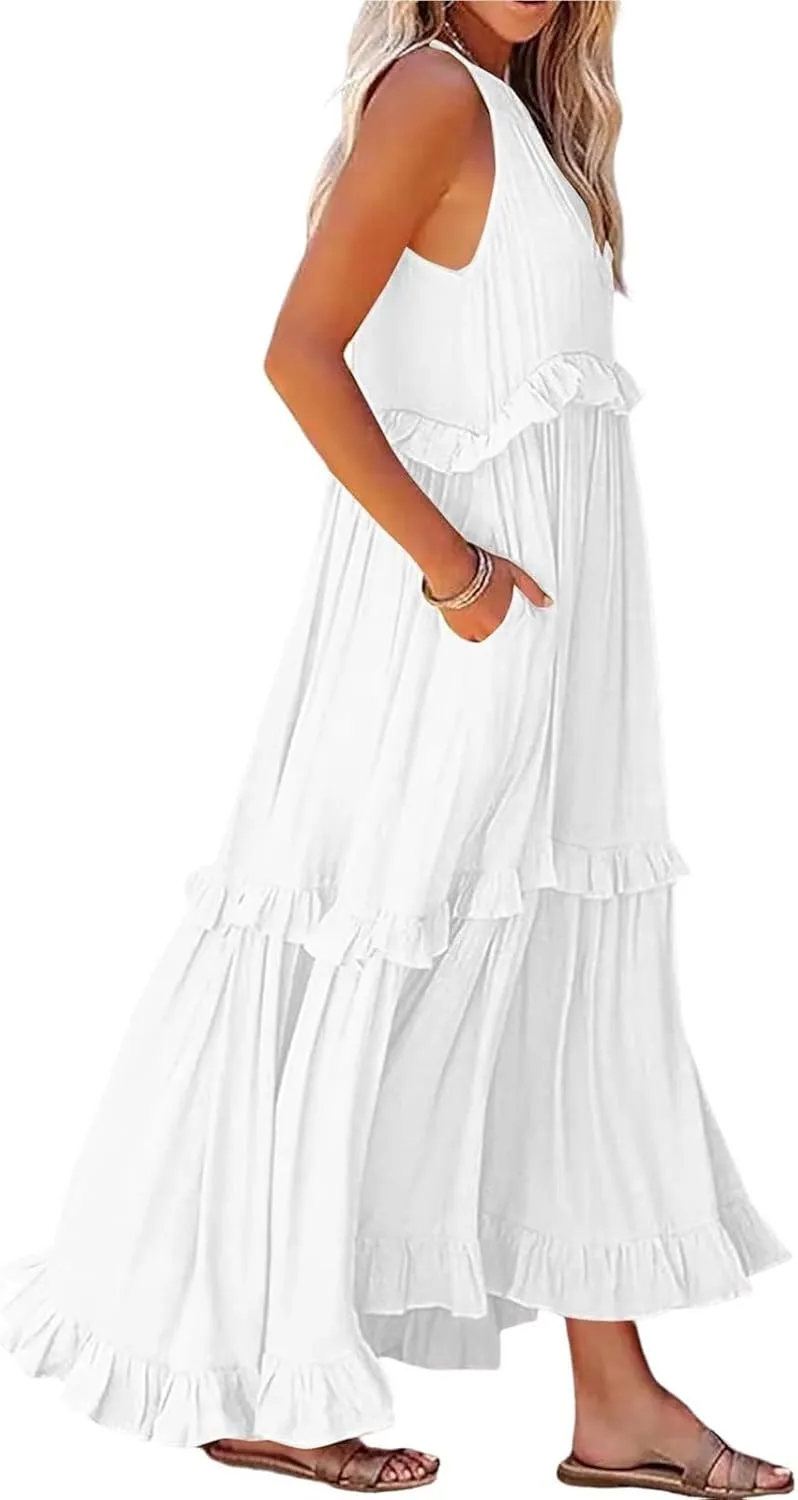 Smocked Dress Women Summer Sleeveless Tank Dresses Halter Tie Back Flowy Ruffle Tiered Maxi Dress with Pockets
