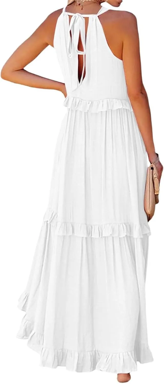 Smocked Dress Women Summer Sleeveless Tank Dresses Halter Tie Back Flowy Ruffle Tiered Maxi Dress with Pockets