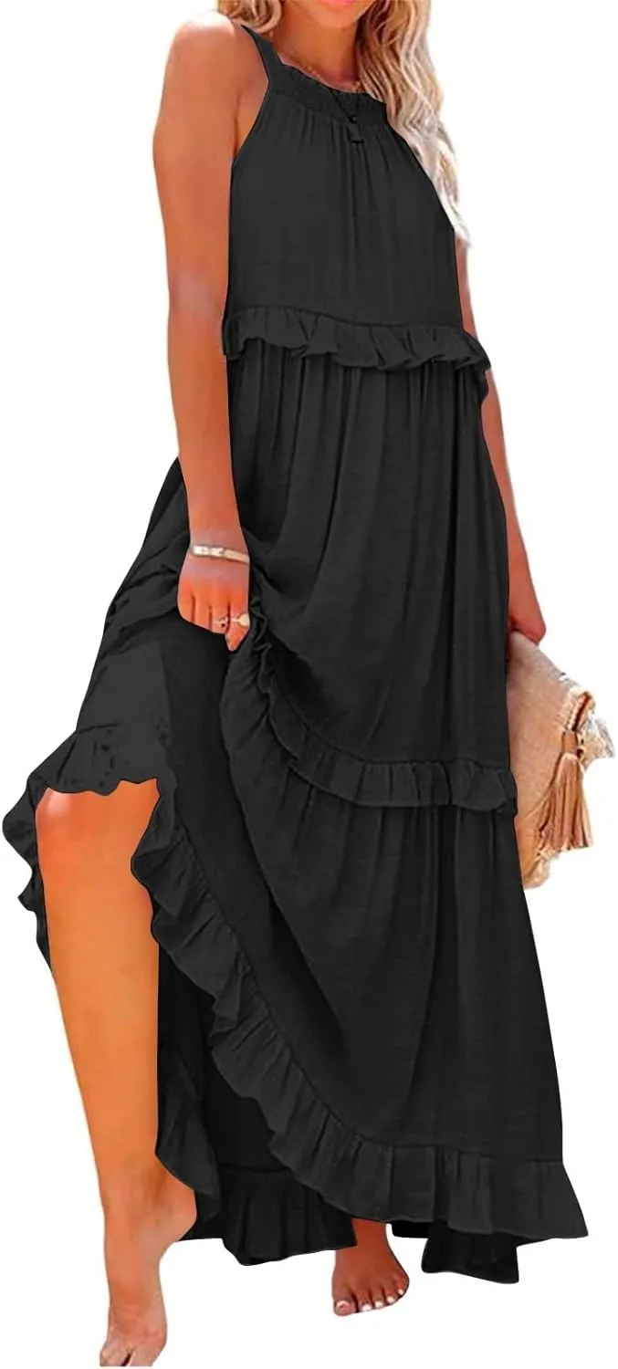 Smocked Dress Women Summer Sleeveless Tank Halter Tie Back Loose Flowy Ruffle Tiered Maxi Dress with Pockets