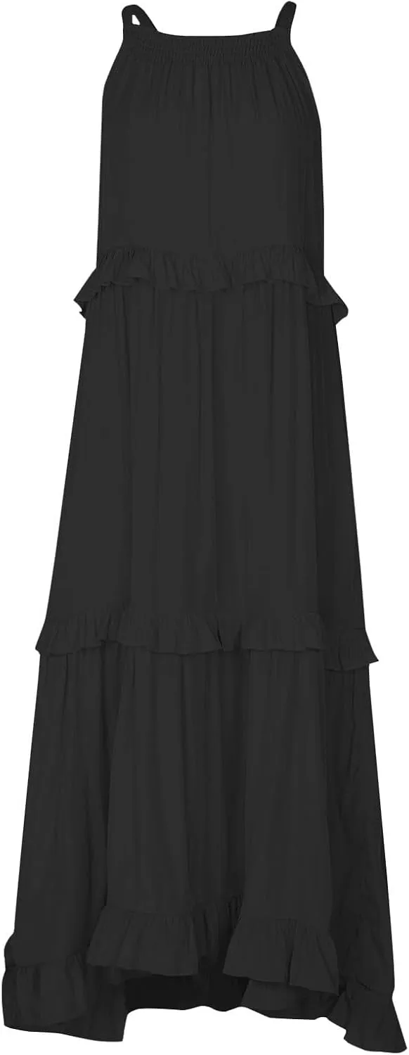 Smocked Dress Women Summer Sleeveless Tank Halter Tie Back Loose Flowy Ruffle Tiered Maxi Dress with Pockets