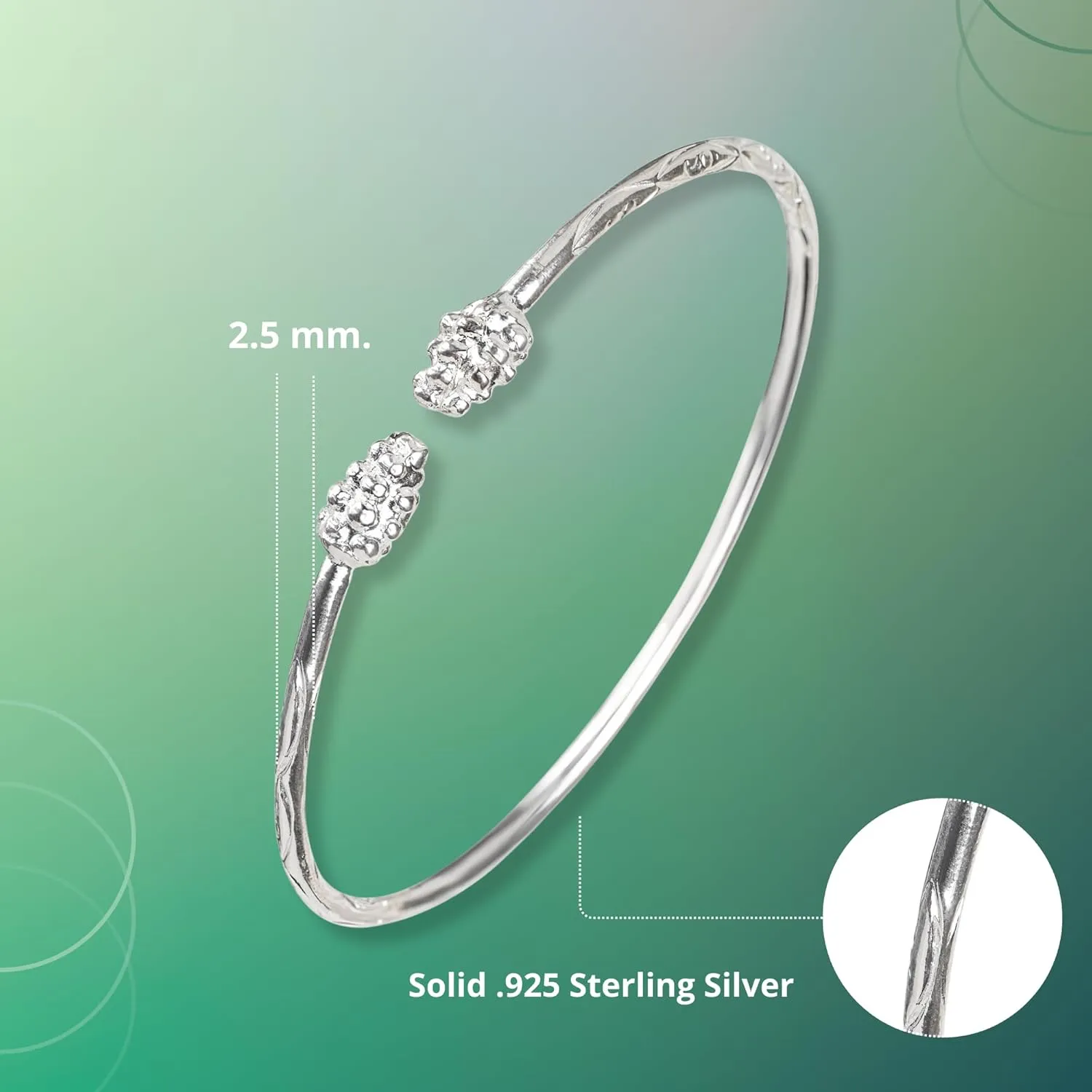 Solid .925 Sterling Silver Bangle Cuff Bracelet For Women West Indian Bangle with Grape Ends - 1 piece