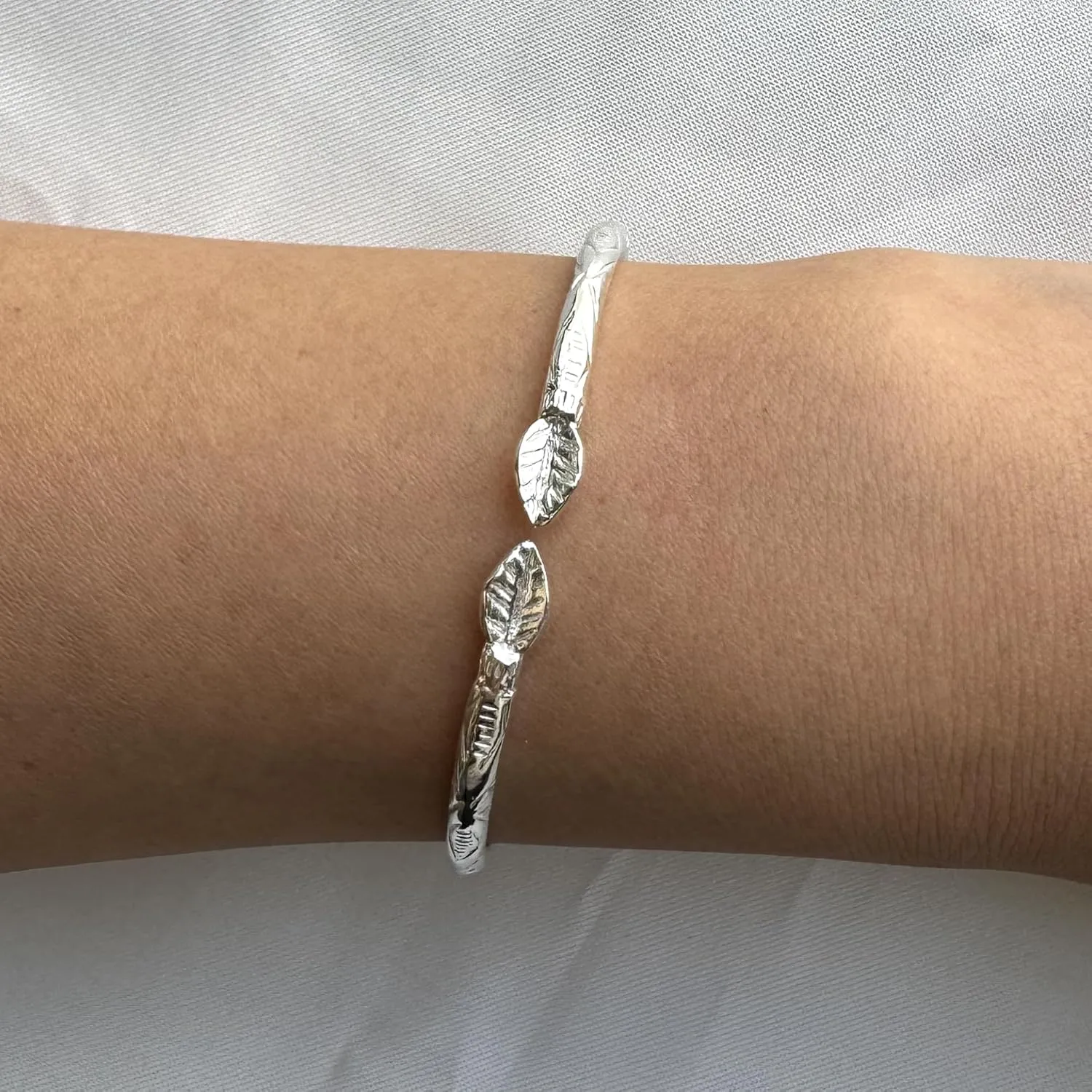 Solid .925 Sterling Silver Bangle Cuff Bracelet Large For Women Gold Plated Jewelry Stretch Bracelets Friendship Gift Birthday Gifts West Indian Bangle Leaf Palm Ends - 1 piece