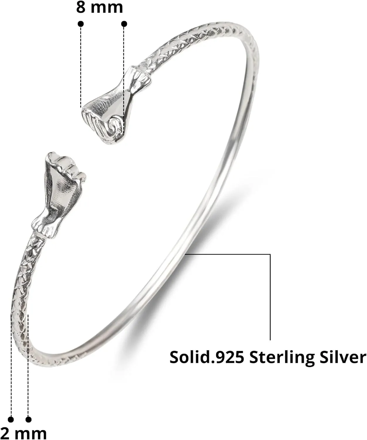 Solid .925 Sterling Silver Bangle Cuff Bracelet Large For Women Jewelry Stretch Bracelets Friendship Gift Birthday Gifts West Indian Bangle Fist Ends - 1 piece