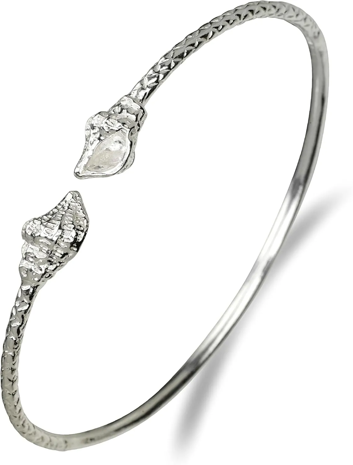 Solid .925 Sterling Silver Bangle Cuff Bracelet West Indian Bangle Sea Shell Ends, 1 piece