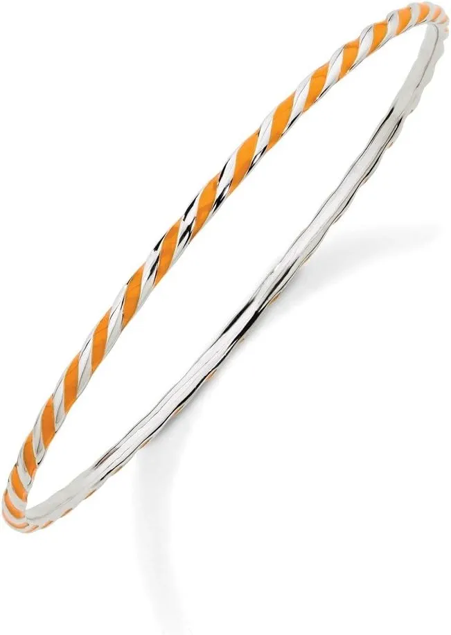 Solid 925 Sterling Silver Stackable Twisted Orange Enamel Bangle Cuff Bracelet