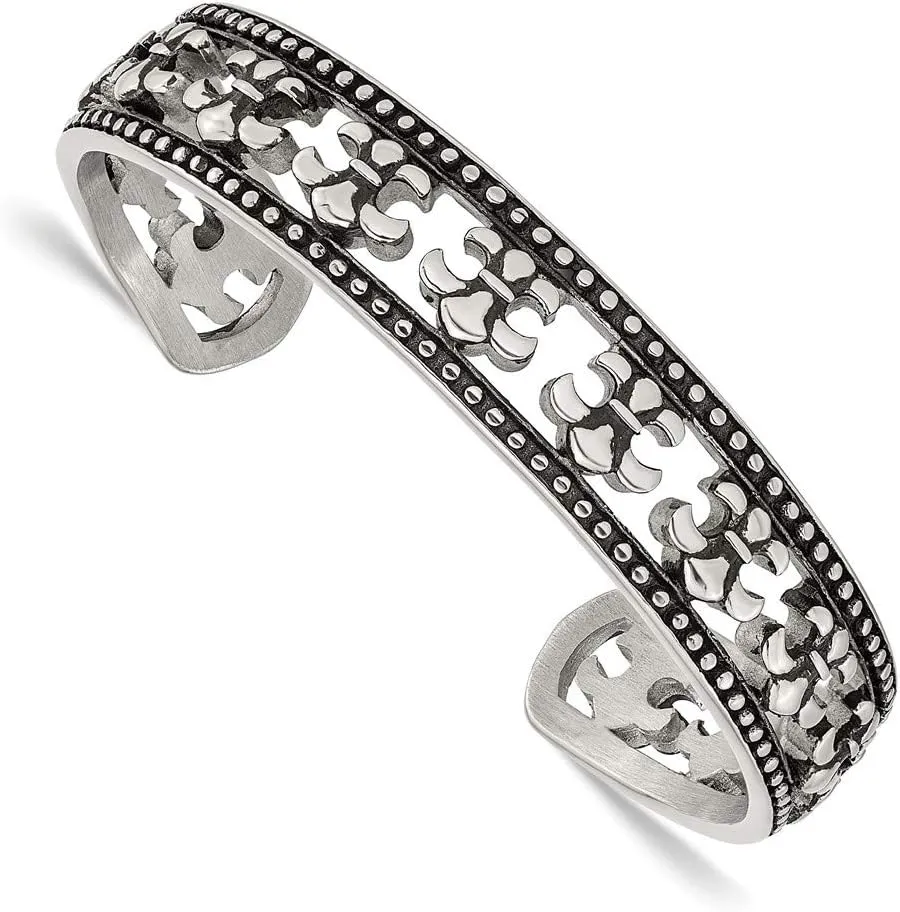 Solid Stainless Steel Fleur de Lis Vintage Antiqued Bangle Cuff Bracelet (Width = 11mm)