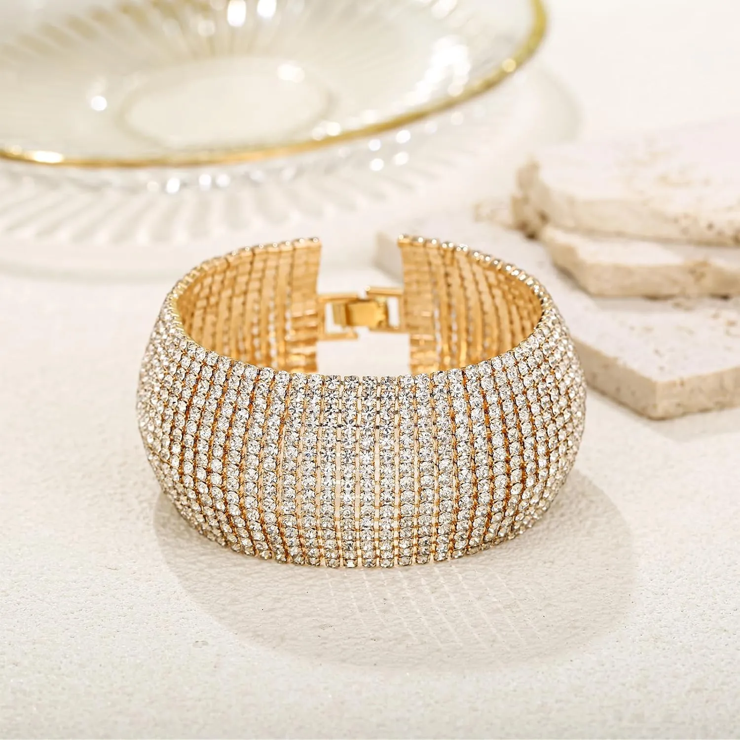 Sparkly Silver/Gold Rhinestone Bracelet for Women Chunky Bangle Bracelets Wedding Jewelry