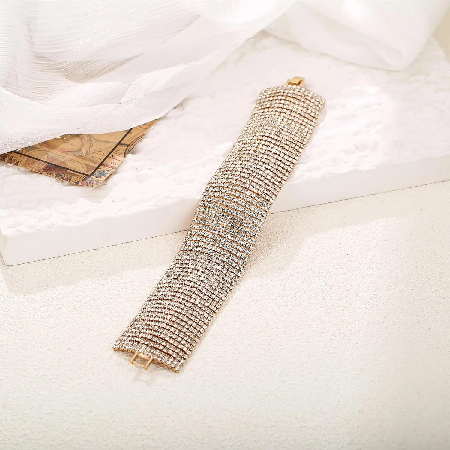 Sparkly Silver/Gold Rhinestone Bracelet for Women Chunky Bangle Bracelets Wedding Jewelry