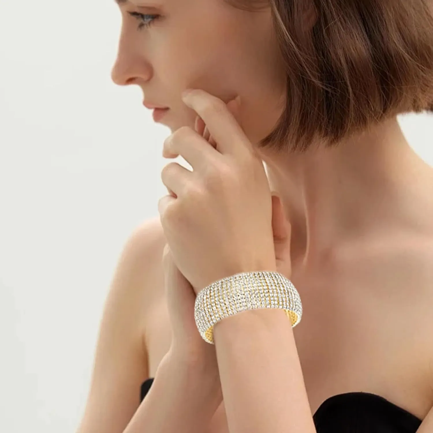 Sparkly Silver/Gold Rhinestone Bracelet for Women Chunky Bangle Bracelets Wedding Jewelry