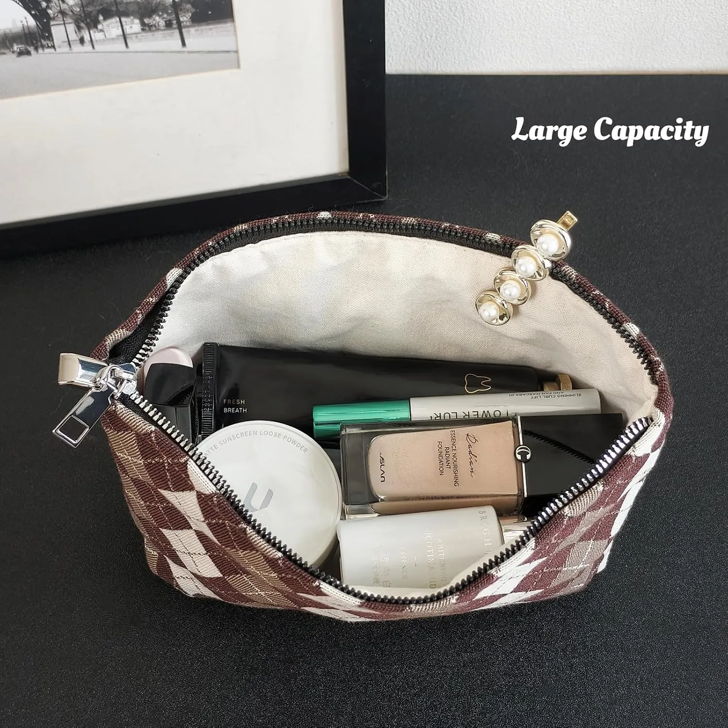 STARDW Parallel Checkered Makeup Bag Cute Cosmetic Bags for Women Girls, Travel Toiletry Bag Large Capacity Zipper Makeup Pouch, Purse Organizer Pouches
