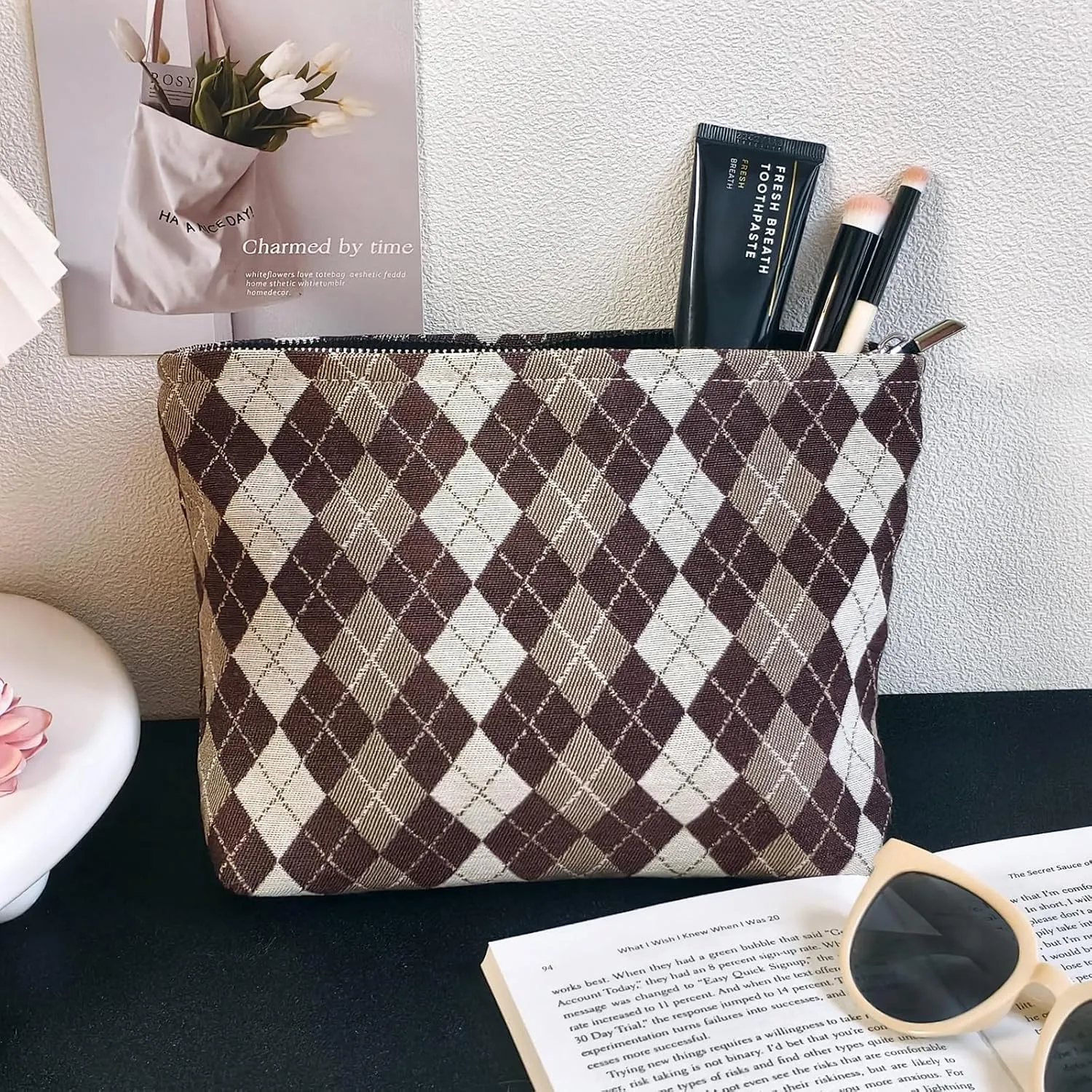 STARDW Parallel Checkered Makeup Bag Cute Cosmetic Bags for Women Girls, Travel Toiletry Bag Large Capacity Zipper Makeup Pouch, Purse Organizer Pouches