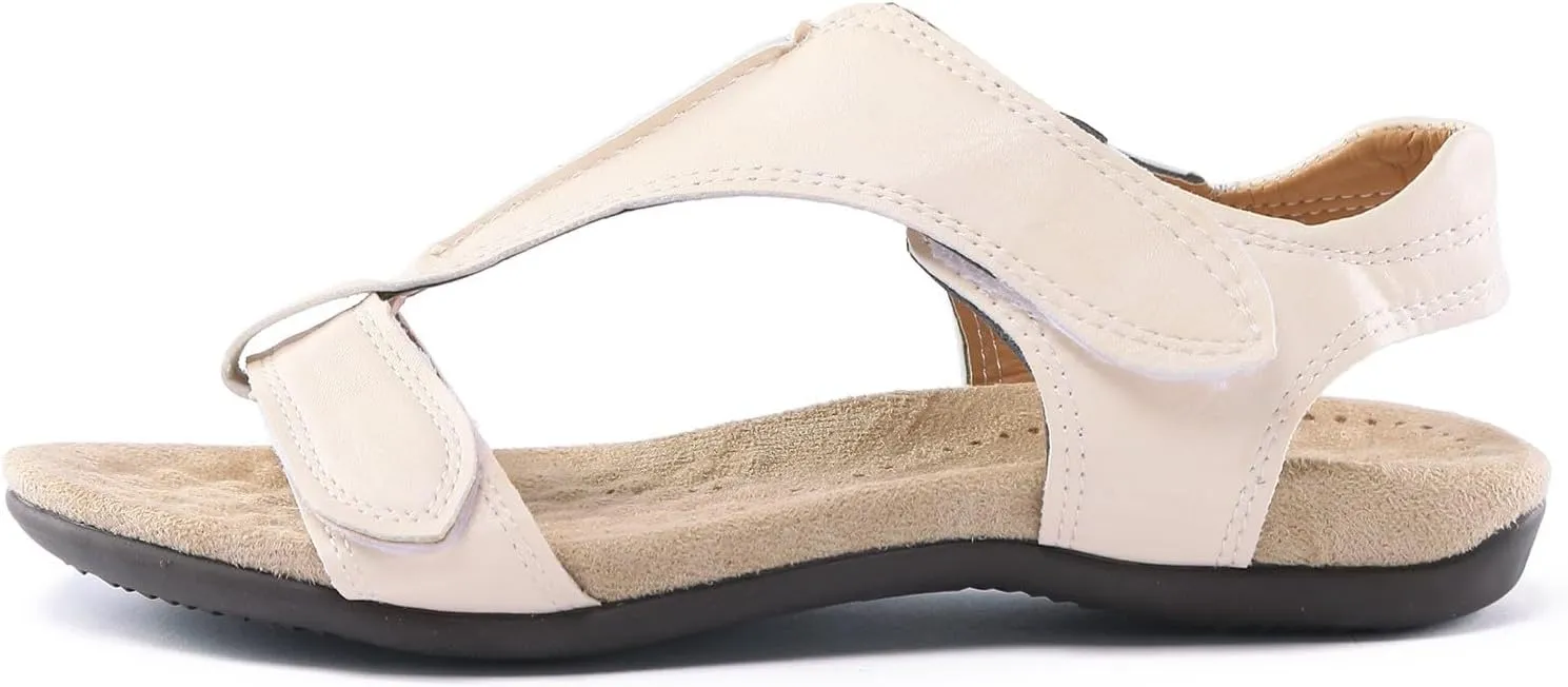 SuanlaTDS Flat Sandals for Women Dressy Summer Bohemian Comfortable Adjustable Ankle Strap Open Toe Platform Low Heels Orthopedic Sandals with Arch Support Elegant Casual Walking Shoes