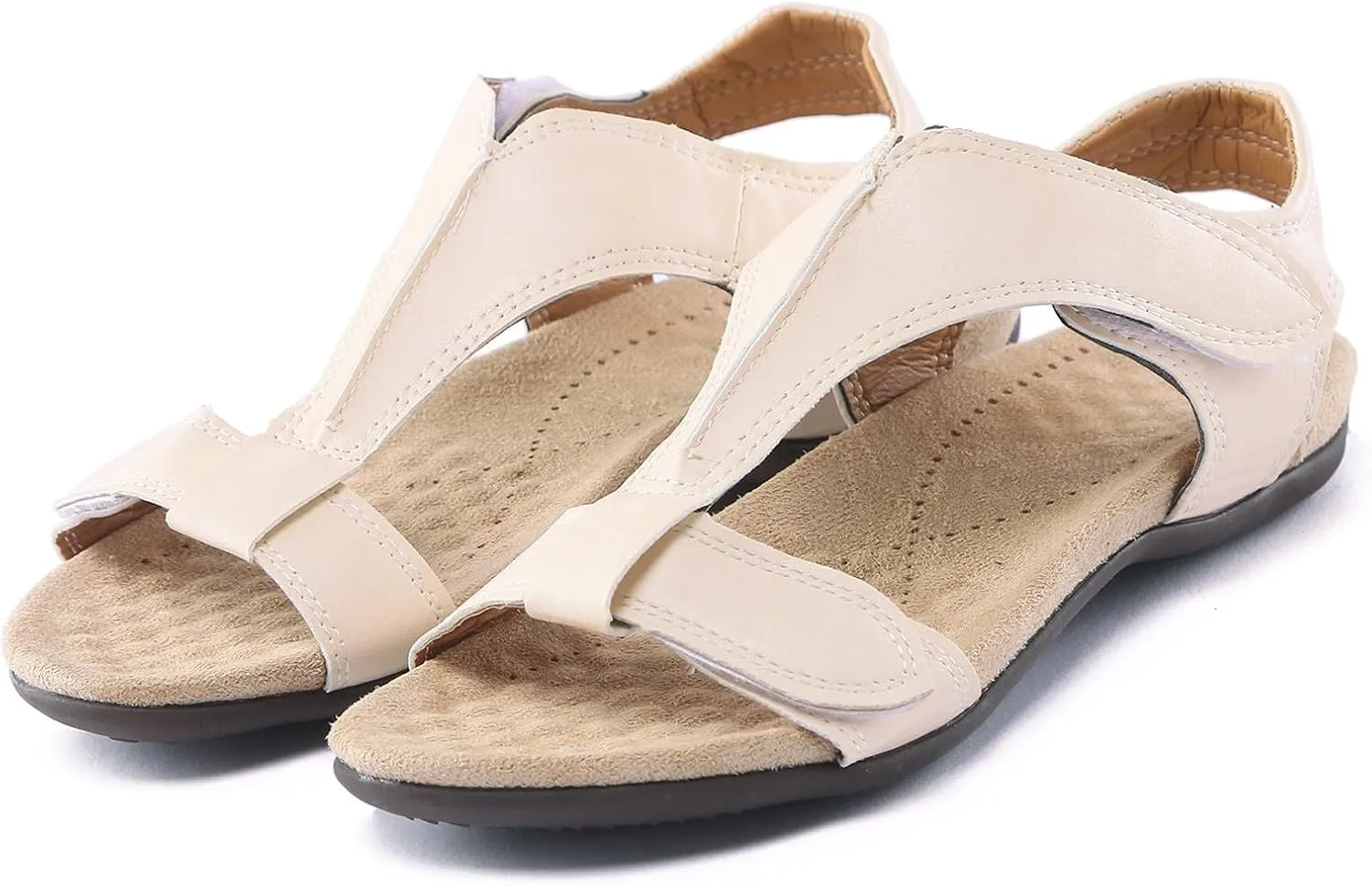SuanlaTDS Flat Sandals for Women Dressy Summer Bohemian Comfortable Adjustable Ankle Strap Open Toe Platform Low Heels Orthopedic Sandals with Arch Support Elegant Casual Walking Shoes