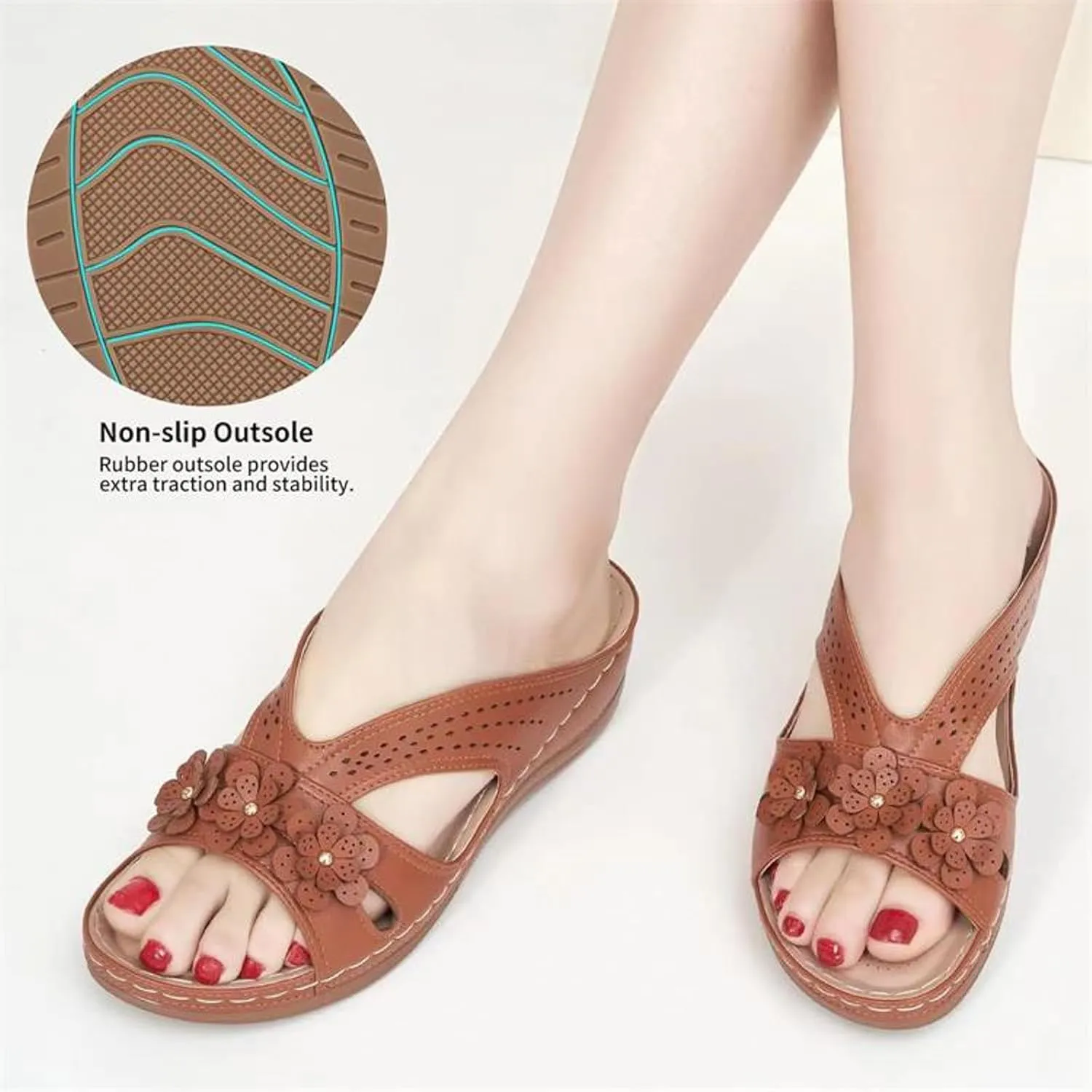 SuanlaTDS Orthopedic Sandals for Women 2025 Dressy Summer Comfortable Wedge Orthotic Walking Slippers with Arch Support Outdoor Flat Slip-on Beach Travel Boho Platform Low Heel Slide Sandal