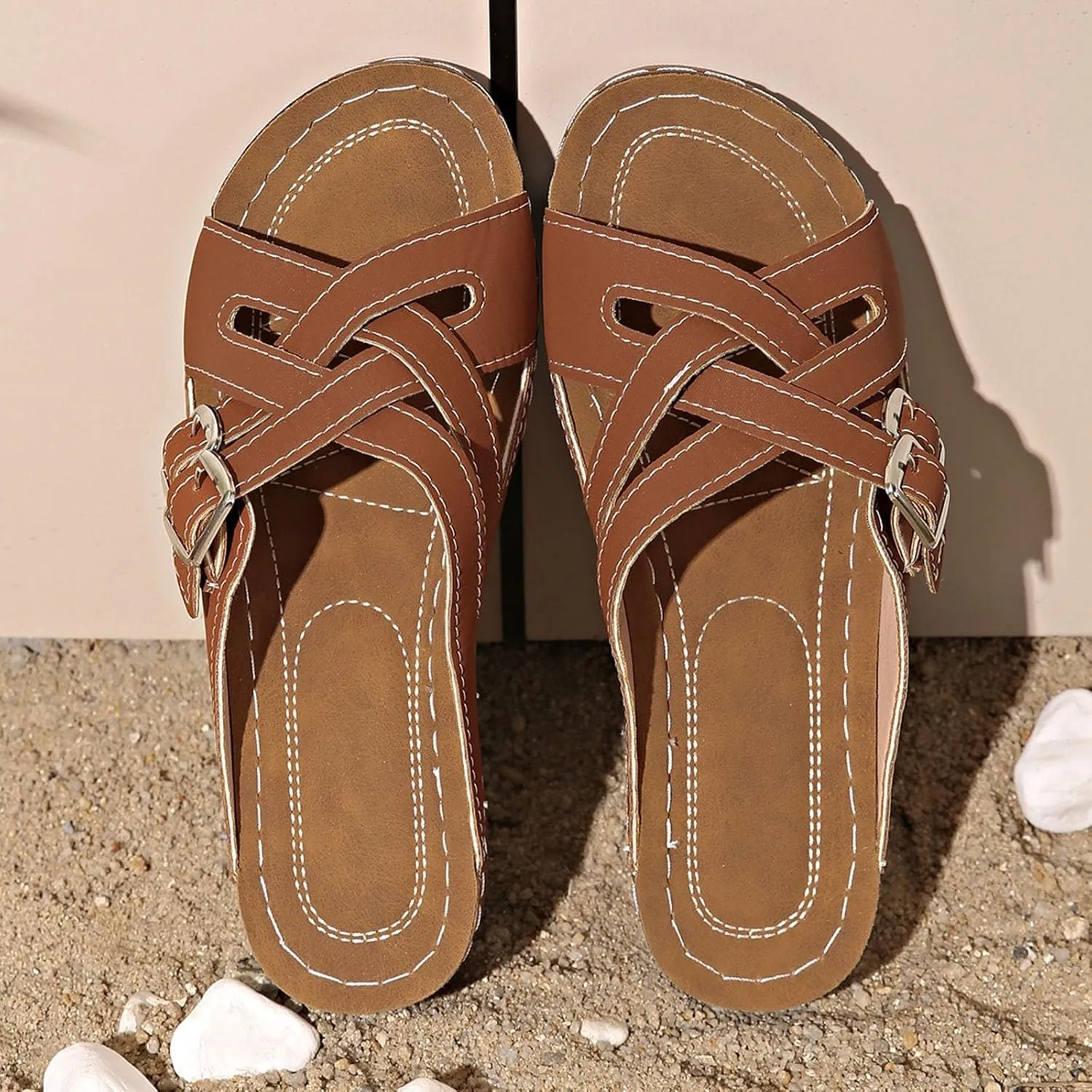 SuanlaTDS Orthopedic Sandals for Women 2025, Women's Platform Wedge Summer Crisscross Buckle Open Toe Slip-on Slides Beach Shoes Comfortable Dressy Low Heel Sandal with Arch Support