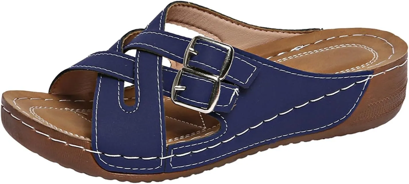 SuanlaTDS Orthopedic Sandals for Women 2025, Women's Platform Wedge Summer Crisscross Buckle Open Toe Slip-on Slides Beach Shoes Comfortable Dressy Low Heel Sandal with Arch Support